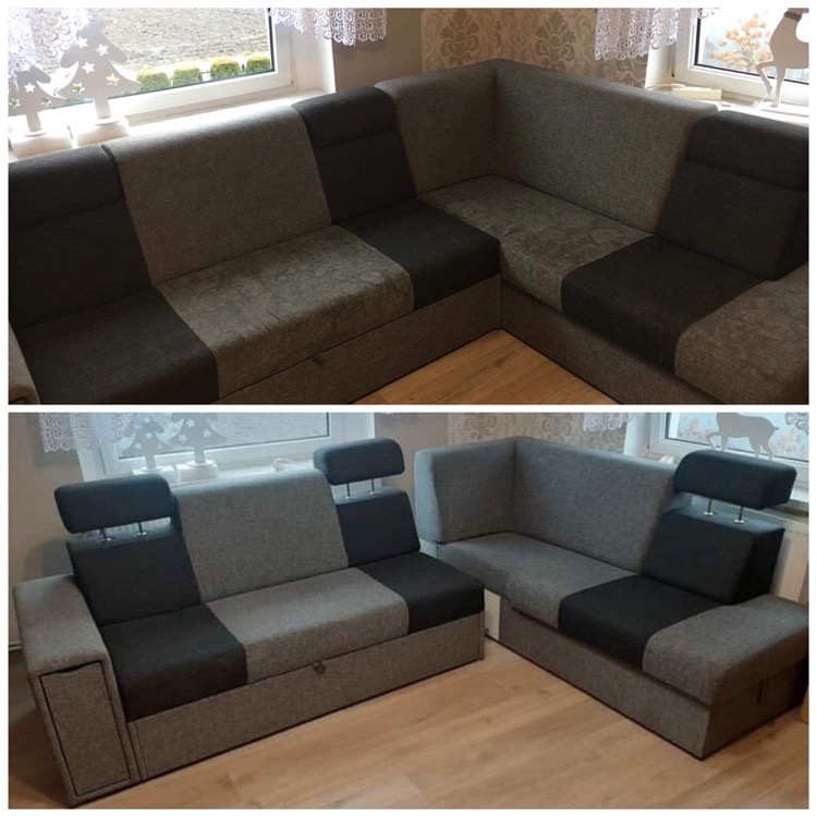 Dwa ujęcia tej samej narożnej sofy w odcieniach szarości, z widocznymi różnicami w czystości tapicerki na górnym zdjęciu, sugerującymi stan przed i po czyszczeniu, dolne zdjęcie pokazuje sofę...