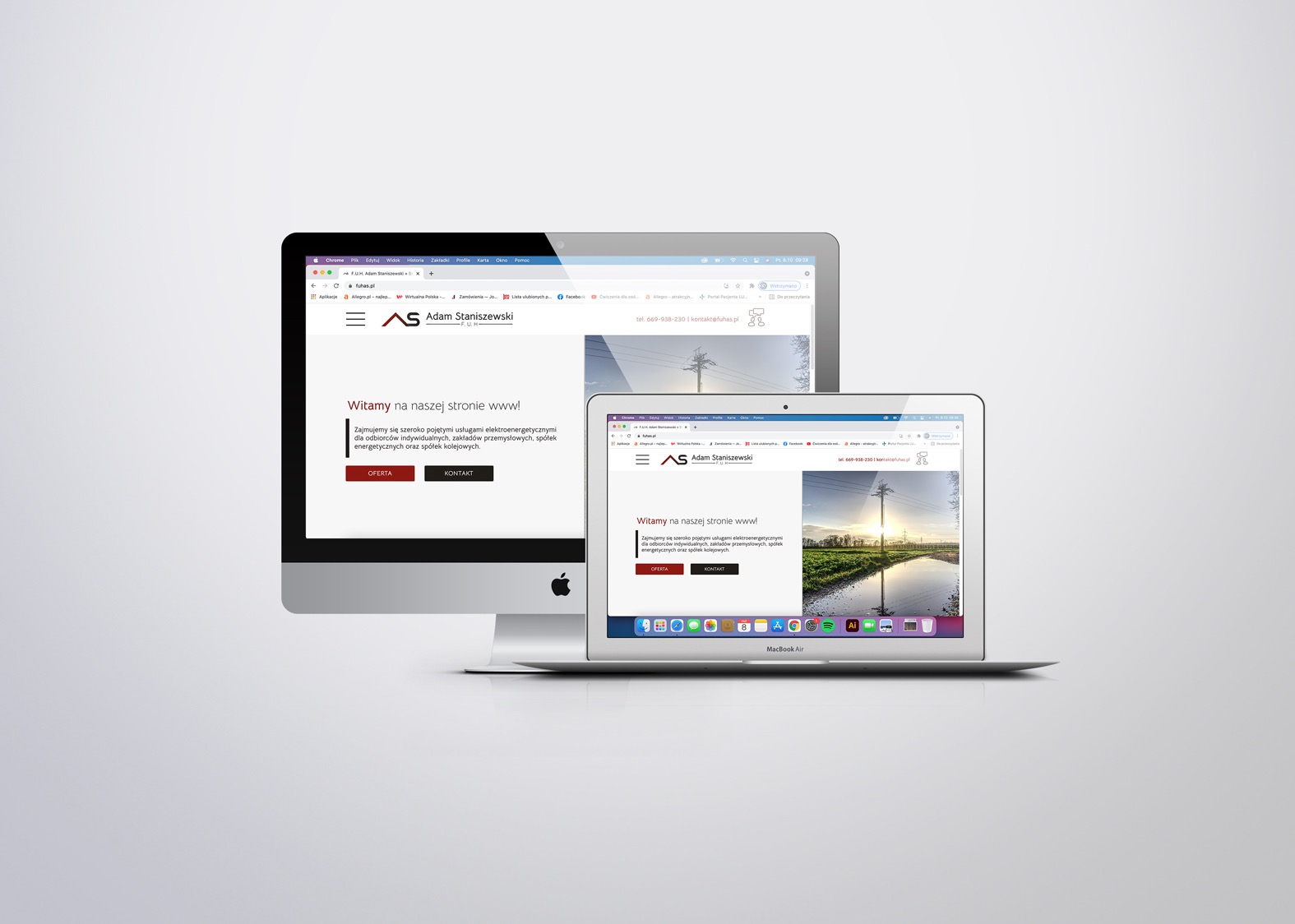 Monitory Apple pokazują stronę internetową firmy świadczącej usługi elektroenergetyczne, z widocznym logo i treścią 'Witamy na naszej stronie www!' oraz zdjęciem słupa energetycznego w tle.