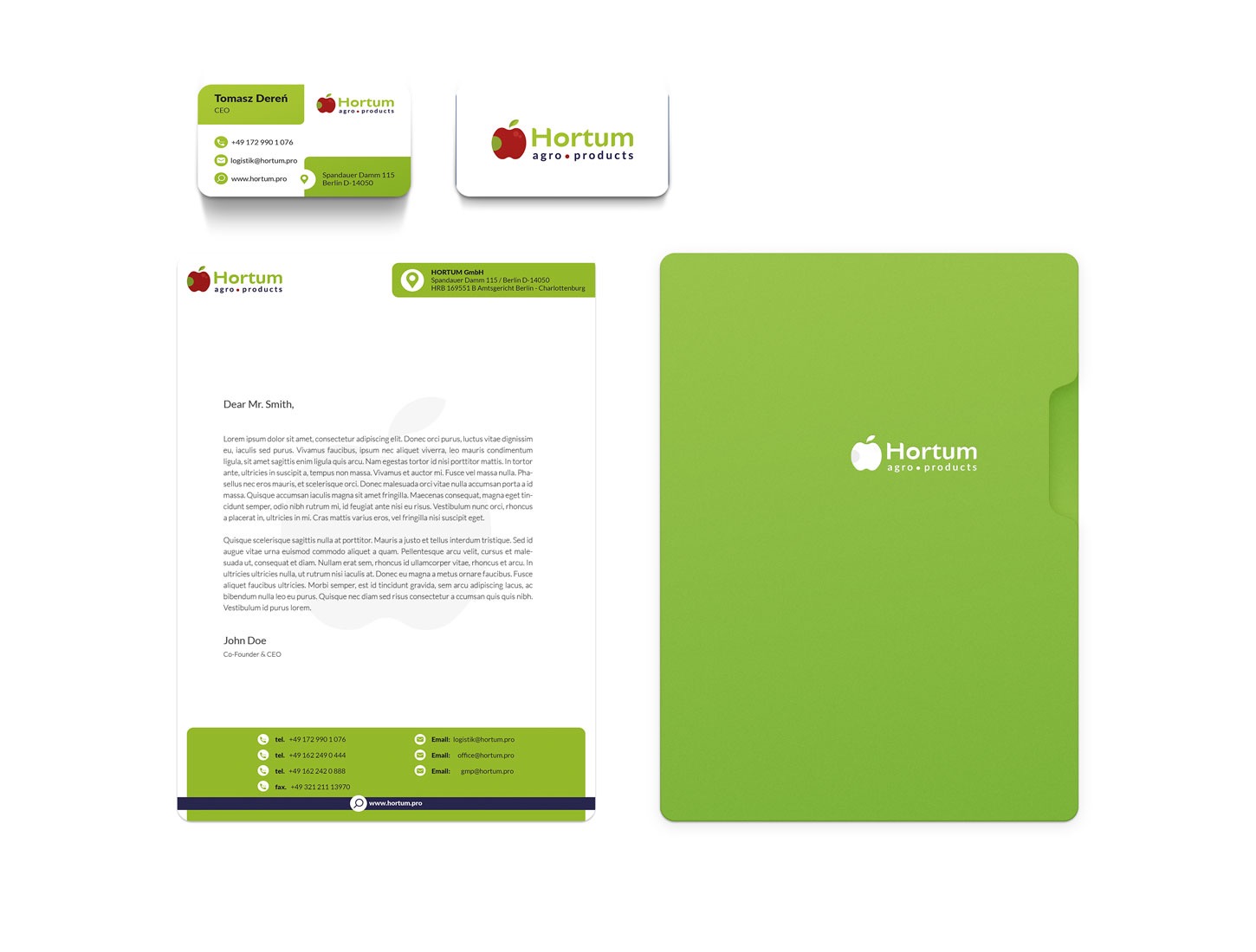 Zestaw materiałów firmowych z logo Hortum agro products: wizytówka, papier firmowy z pełnym tekstem oraz teczka w odcieniu zieleni.
