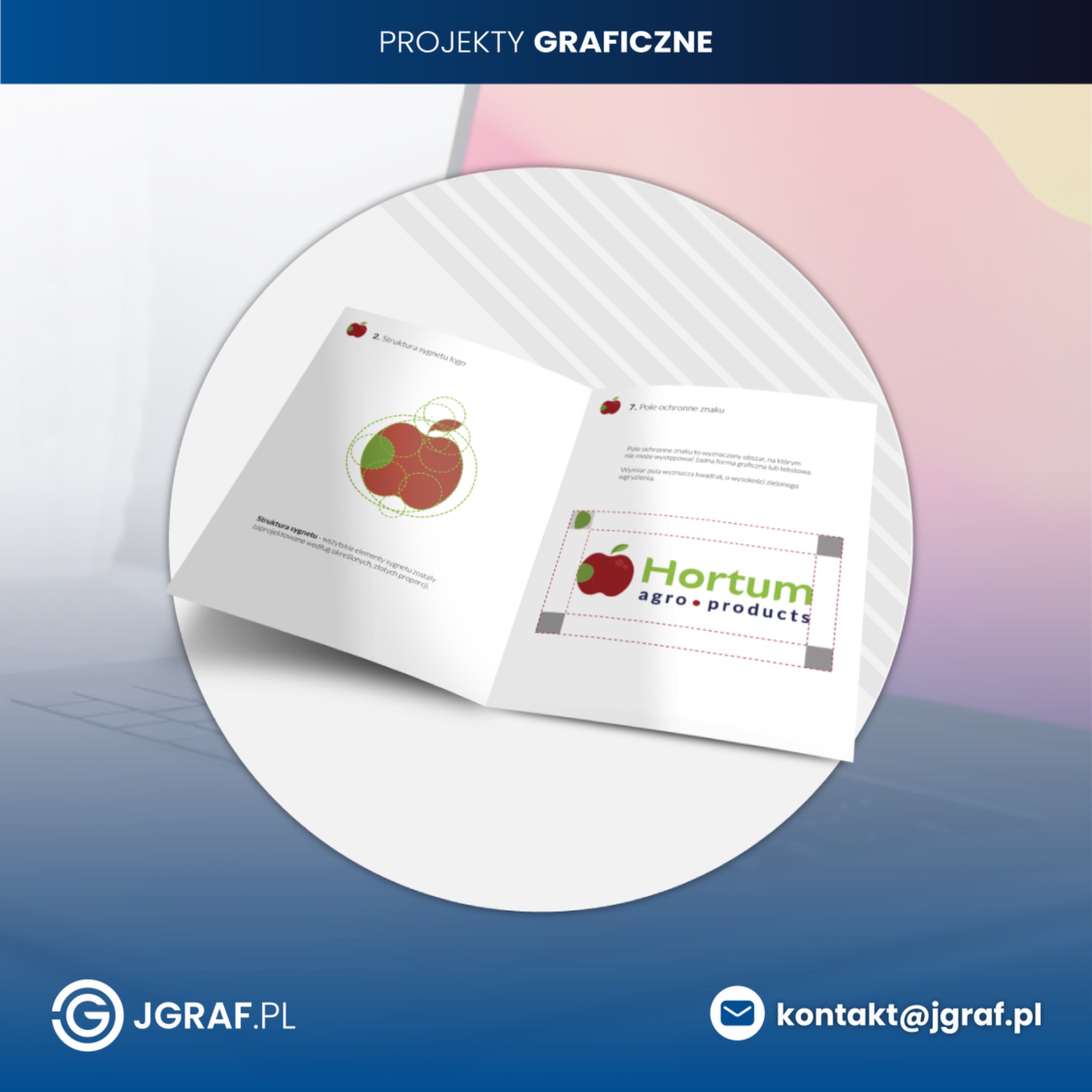 Rozłożona broszura prezentująca strukturę i pole ochronne logo firmy Hortum agro products, z grafiką jabłka i tekstem, na tle laptopa i abstrakcyjnym tle.