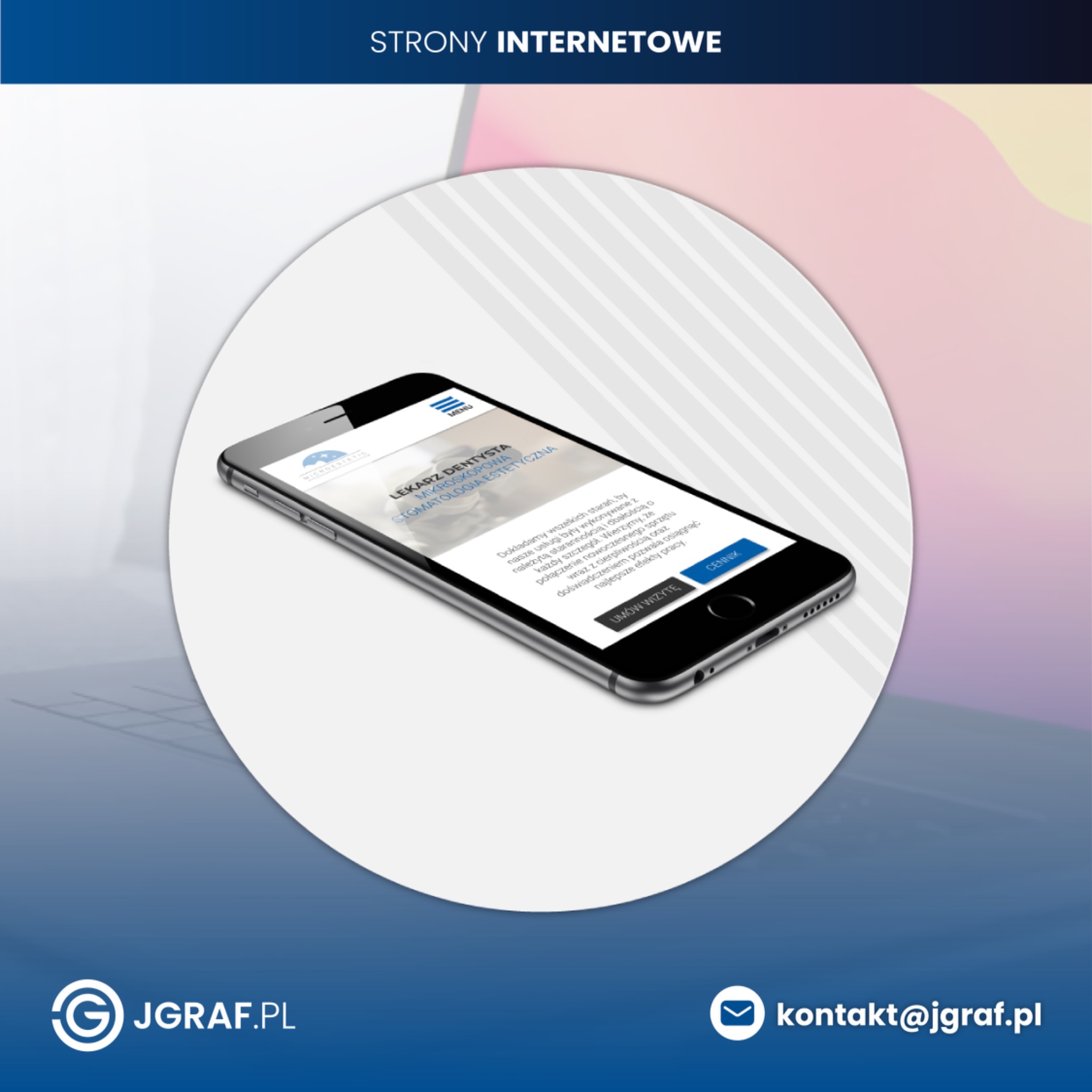 Smartfon wyświetlający stronę internetową gabinetu stomatologicznego z tekstem 'Lekarz Dentysta Mikroskopowa Stomatologia Estetyczna'.