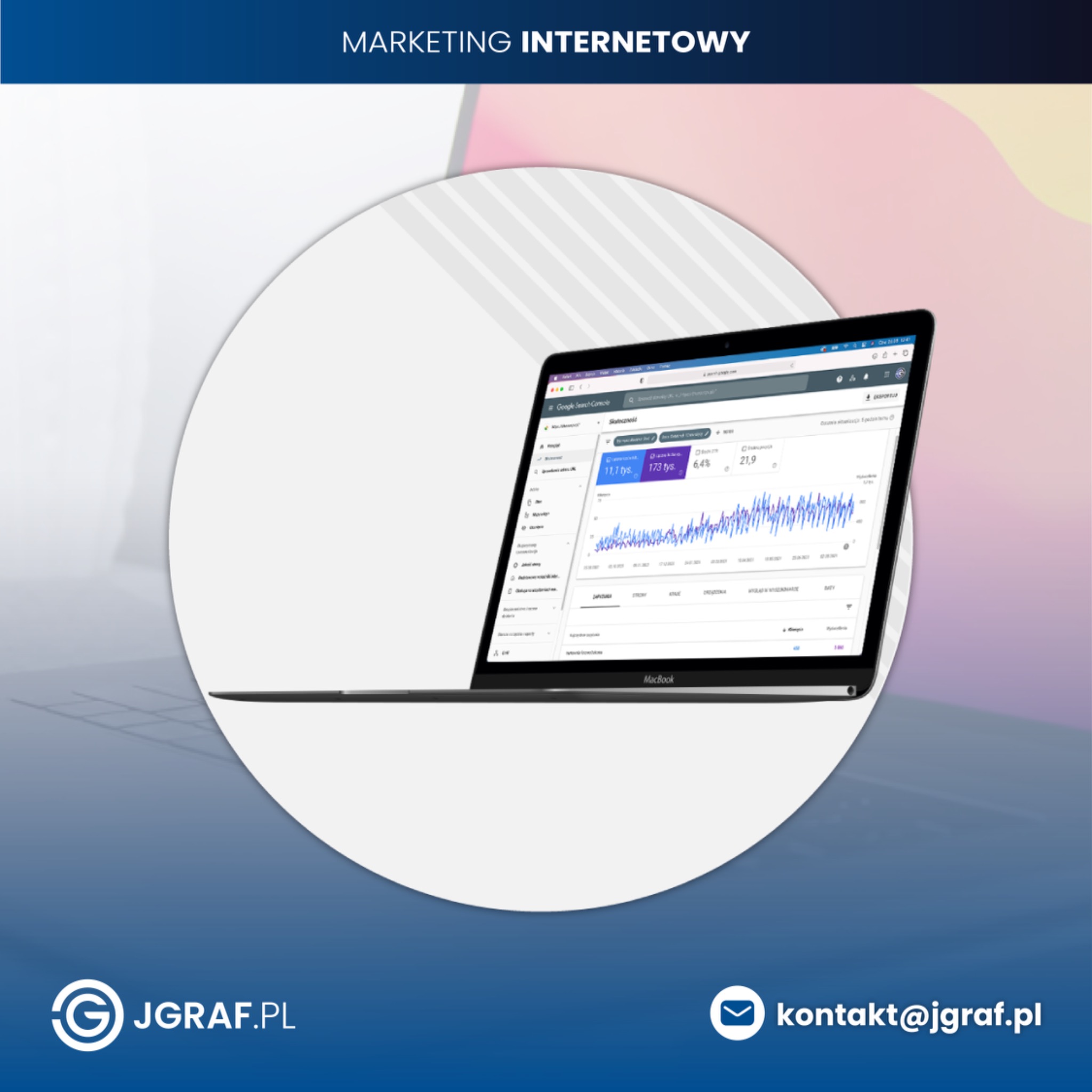 Ekran laptopa MacBook prezentujący statystyki z Google Search Console, widoczne dane o kliknięciach, wyświetleniach i współczynniku CTR, w tle rozmyte elementy graficzne, logo firmy Jgraf.pl...
