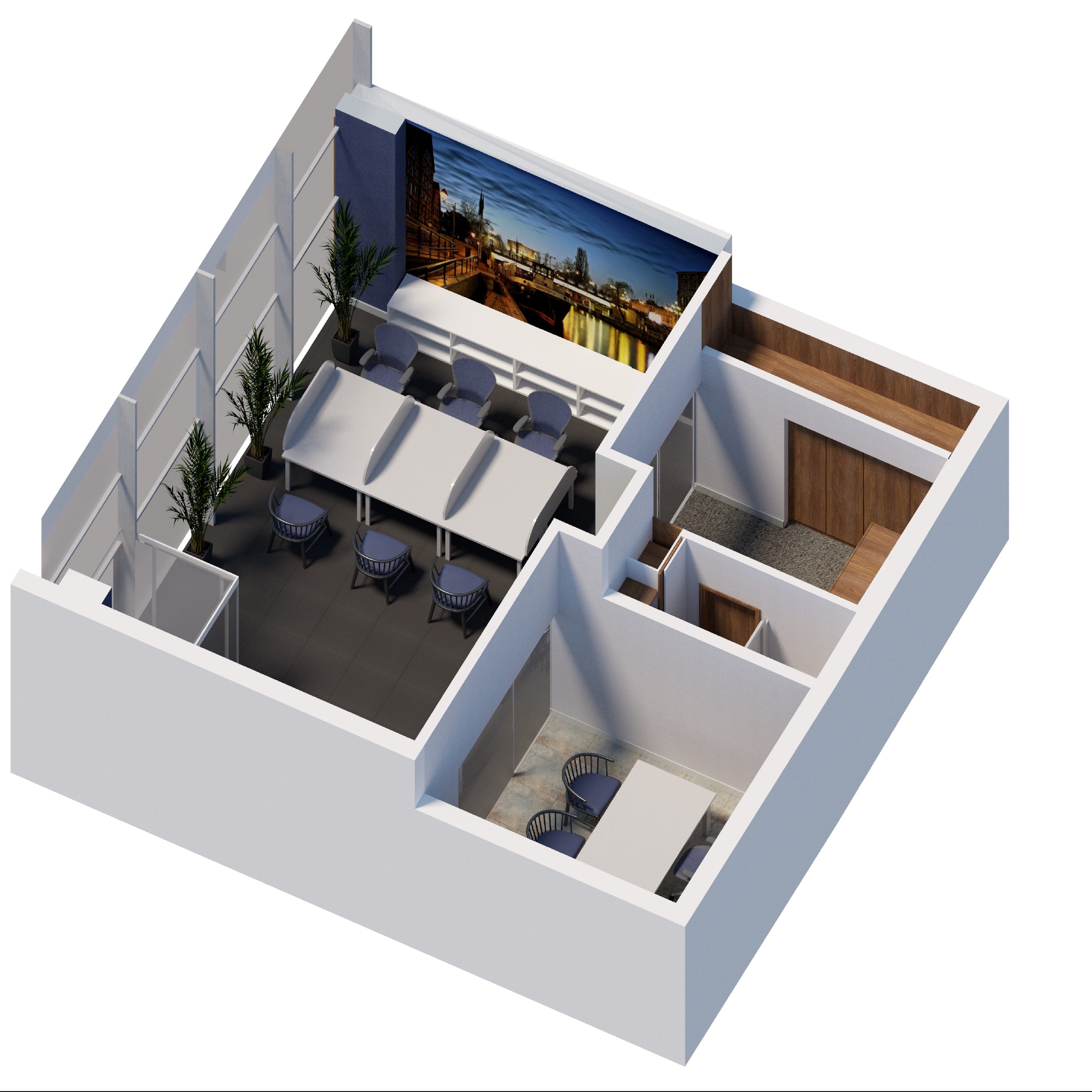 Wizualizacja 3D biura z długimi białymi biurkami, niebieskimi krzesłami, roślinami w doniczkach i fototapetą z nocnym widokiem miasta.