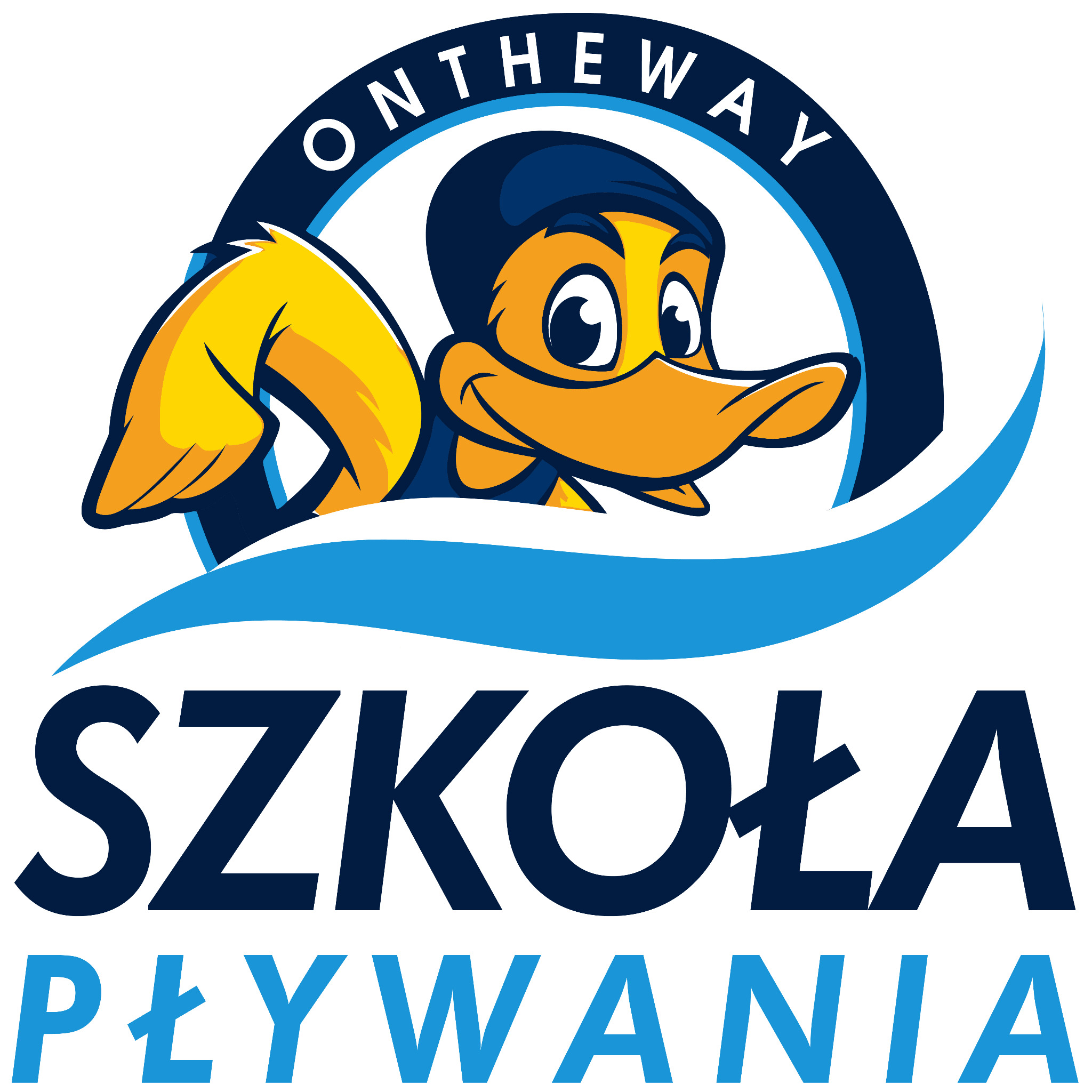Logo szkoły pływania 'On the Way' z żółtą kaczką w czepku pływackim na tle niebieskiej fali.