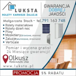 Reklama firmy oferującej osłony okienne: materiałowe, dzień i noc, plisy, moskitiery, żaluzje aluminiowe i drewniane, verticale. Gwarancja dobrej jakości, pomiar i wycena gratis, 24 miesiące...