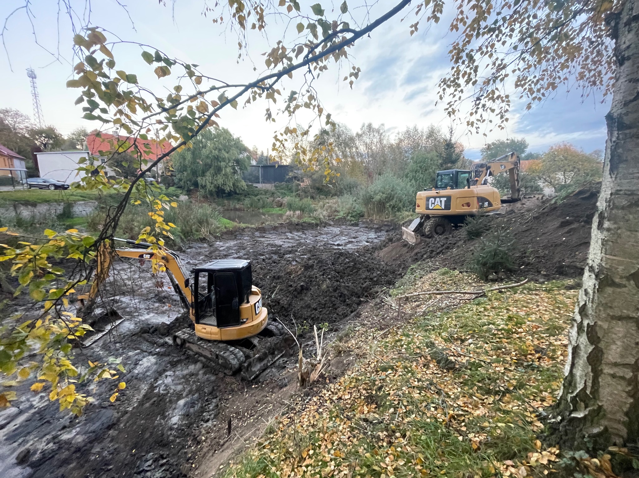 Dwa żółte, gąsienicowe mini-koparki CAT pracują w błotnistym wykopie, jesienne liście na pierwszym planie, drzewa i budynki w tle, pochmurne niebo.