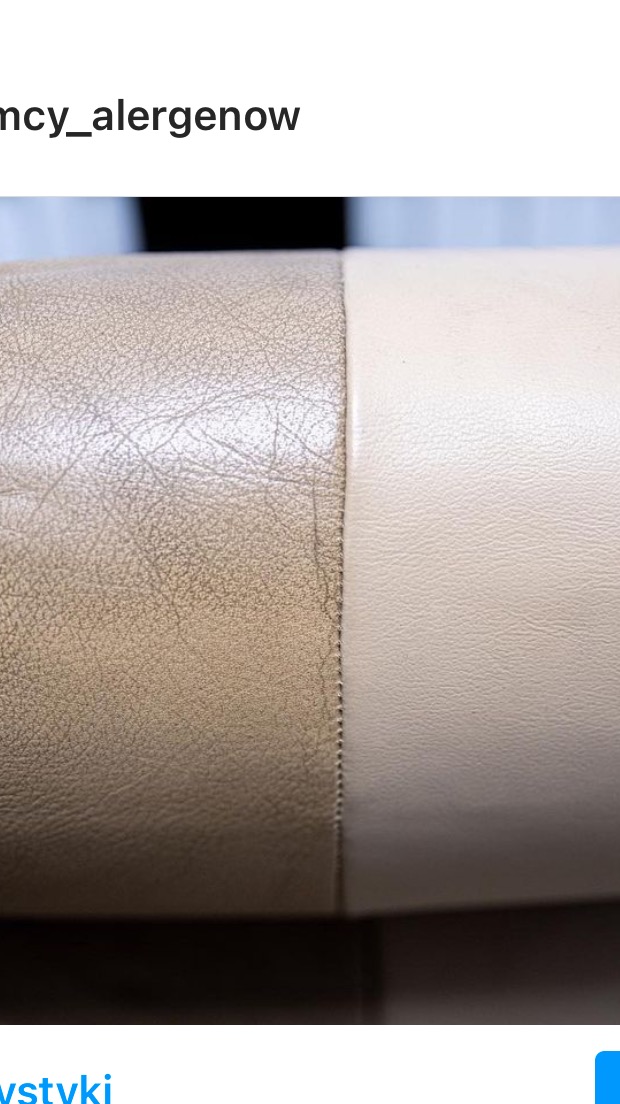 Fragment skórzanej tapicerki kanapy: po lewej stronie widoczna plama i zabrudzenie, po prawej część wyczyszczona, jaśniejsza, z widoczną fakturą skóry.