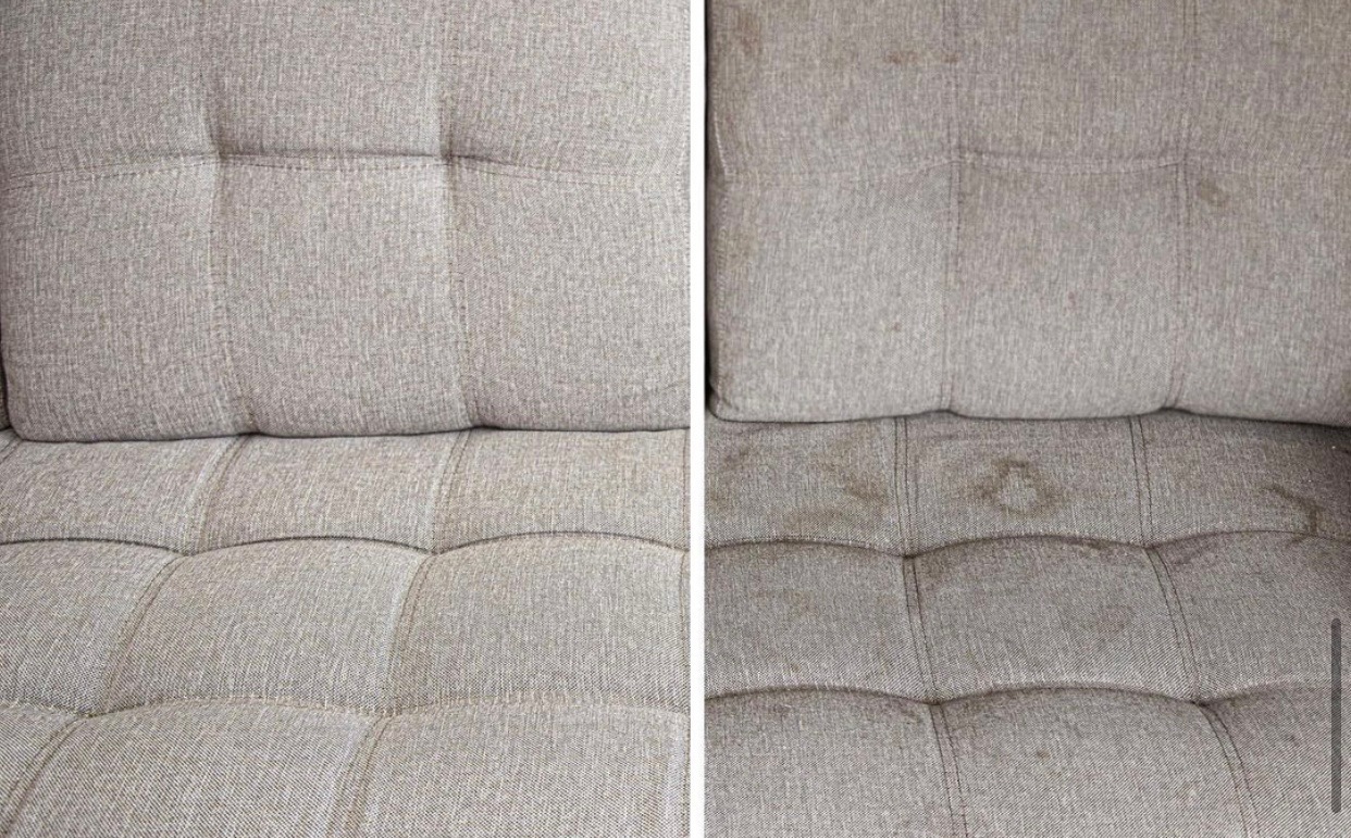 Porównanie czystej i zabrudzonej tapicerki kanapy z bliska, ukazujące skuteczność czyszczenia. Po lewej stronie tapicerka jest czysta, po prawej widoczne uporczywe plamy.