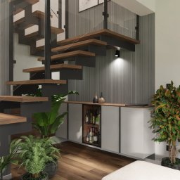 mfast - Nowoczesne schody dywanowe z drewnianymi stopniami i szklaną balustradą, wkomponowane w eleganckie wnętrze z szafką na wino, roślinami i tapetą w paski.