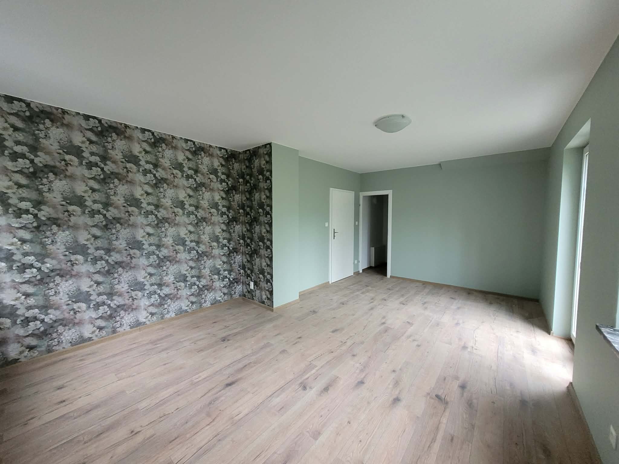 Jasne panele podłogowe w pustym pokoju z zielonymi ścianami i akcentem w postaci ściany z tapetą w kwiaty. Widoczne drzwi i okno.