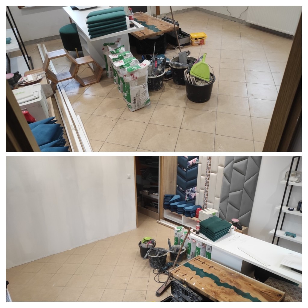 Dwa ujęcia wnętrza w trakcie prac wykończeniowych: worki z zaprawą, wiadra z narzędziami, panele dekoracyjne i fragmenty mebli na podłodze z płytek.