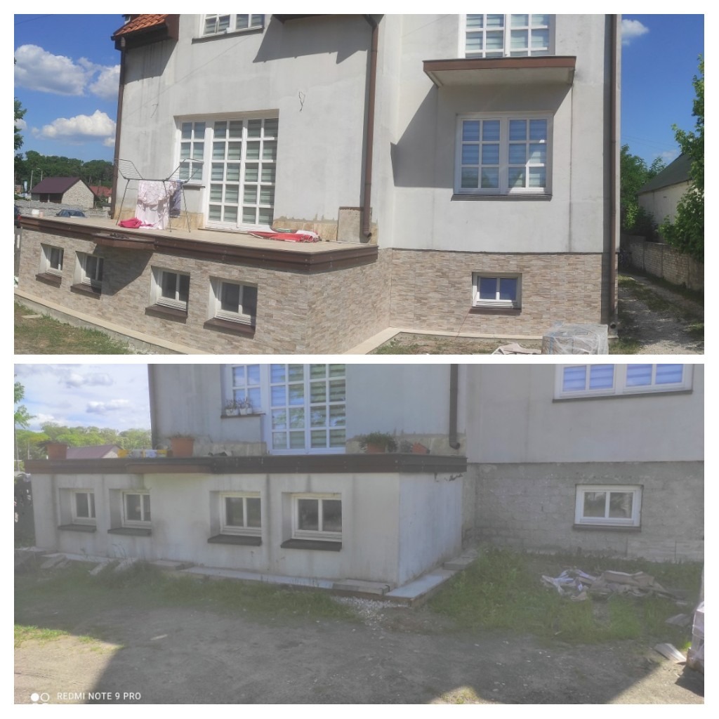 Dwu-częściowe zdjęcie elewacji budynku przed i po wykonaniu okładziny z kamienia dekoracyjnego na przyziemiu, widoczny suszący się ręcznik na balkonie.