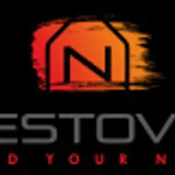 Logo firmy Nestovia z motywem domu w pomarańczowo-czerwonej kolorystyce na czarnym tle, z hasłem 'Find Your Nest'.