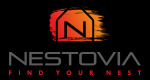 Logo firmy Nestovia z motywem domu w pomarańczowo-czerwonej kolorystyce na czarnym tle, z hasłem 'Find Your Nest'.