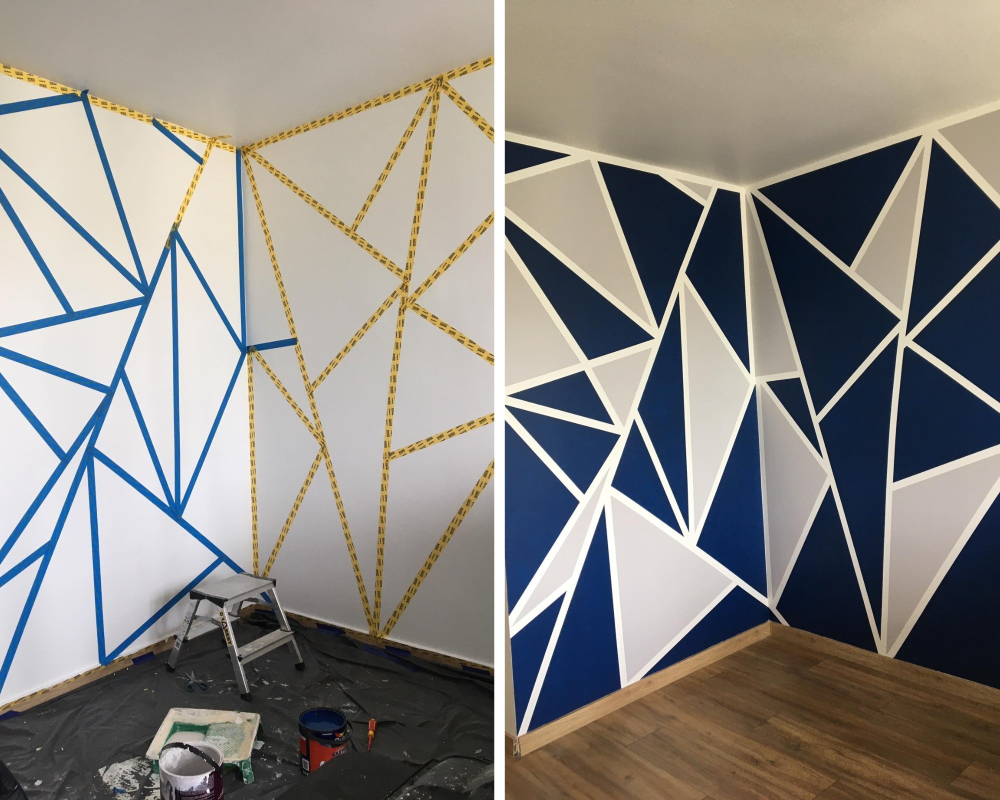 Pokój z geometrycznym wzorem na ścianach w trakcie i po malowaniu: po lewej ściany z niebieską taśmą malarską i żółtą taśmą zabezpieczającą, po prawej gotowe ściany z białymi i granatowymi...