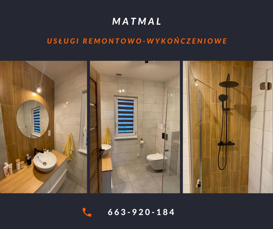 Kompilacja zdjęć przedstawiających wykończoną łazienkę z drewnopodobnymi płytkami, okrągłym lustrem nad umywalką nablatową, kabiną prysznicową typu walk-in z czarną armaturą i wiszącą toaletą.