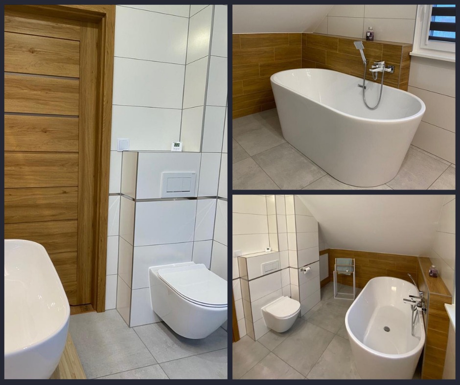 Kompilacja trzech ujęć wykończonej łazienki: wolnostojąca wanna, podwieszana toaleta z zabudową, drewniane drzwi i płytki w odcieniach bieli, szarości i drewna.