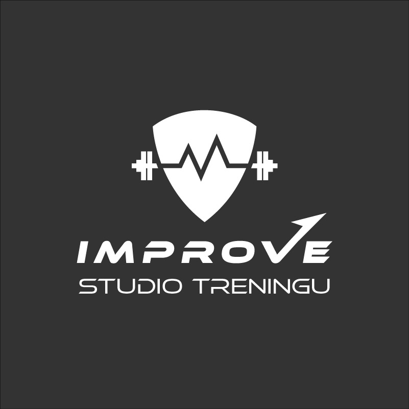 Logo studia treningowego 'Improve' we Wrocławiu, z motywem tarczy, pulsu i sztangi na ciemnoszarym tle.