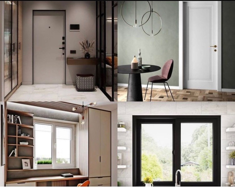Kompozycja wnętrz: przedpokój z szarą szafą i drzwiami, jadalnia z okrągłym stołem i wiszącymi lampami, pokój z oknem i biurkiem, kuchnia z przesuwnym oknem i półkami.