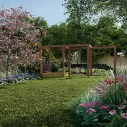 Wizualizacja ogrodu z kwitnącą magnolią, drewnianą pergolą i rabatami kwiatowymi w odcieniach różu i fioletu, otoczona zielonym trawnikiem i drzewami.