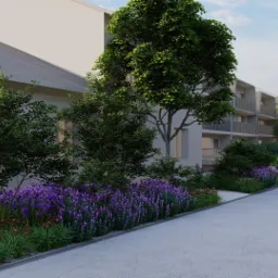 Wizualizacja osiedla mieszkaniowego z nasadzeniami: rabaty z fioletową lawendą i drzewami liściastymi wzdłuż chodnika.
