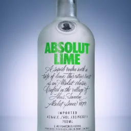 Butelka wódki Absolut Lime na jasnoniebieskim tle, pokryta kroplami, z widocznym odbiciem na błyszczącej powierzchni.