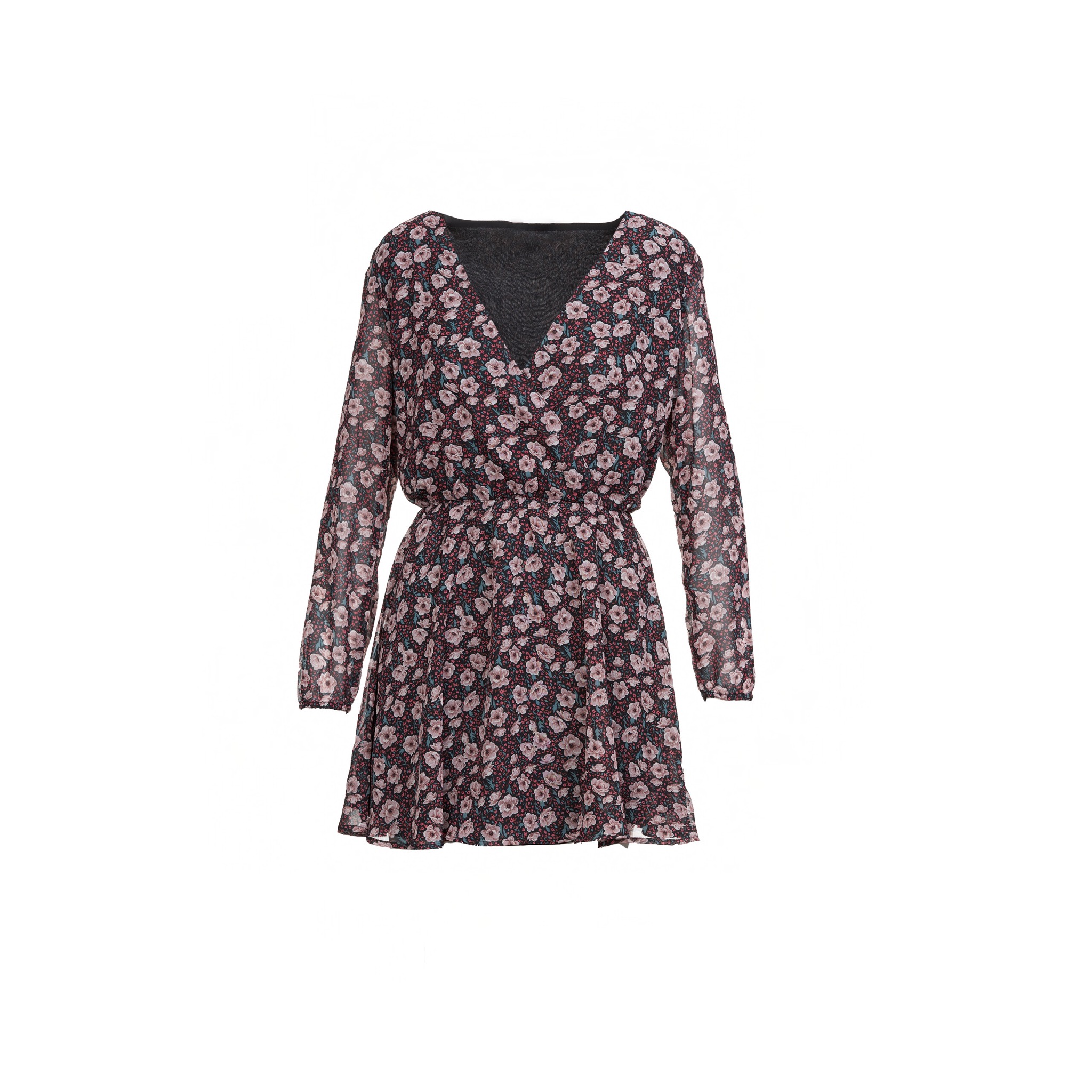 Damska sukienka z długim rękawem i motywem drobnych, jasnoróżowych kwiatów na ciemnym tle, sfotografowana na białym tle.