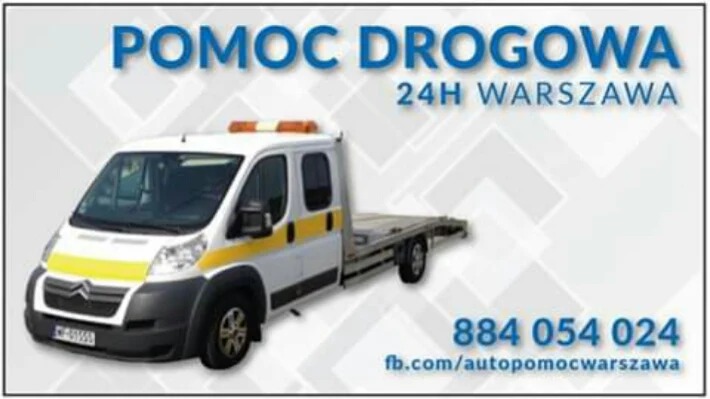 Grafika reklamowa z białym samochodem lawetą z żółtymi pasami, napisem Pomoc Drogowa 24h Warszawa oraz numerem telefonu i adresem strony internetowej.