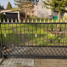 Czarna, metalowa brama wjazdowa z dekoracyjnymi elementami w kolorze złotym, widoczna na tle trawnika i zabudowań mieszkalnych.