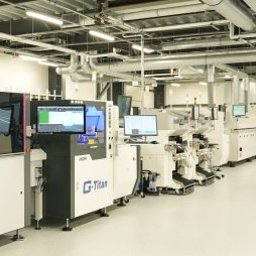 ENTE Sp. z o.o. - Linia produkcyjna z zaawansowanym oprzyrządowaniem, w tym maszyny z ekranami wyświetlającymi dane i interfejsy użytkownika, widoczne rury i instalacje pod sufitem, w jasnym, sterylnym pomieszczeniu.