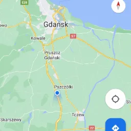 Mapa Google z zaznaczoną lokalizacją Pszczółki, widoczne miasta Gdańsk, Sopot i Tczew, drogi E28, S7, 91 i 22.