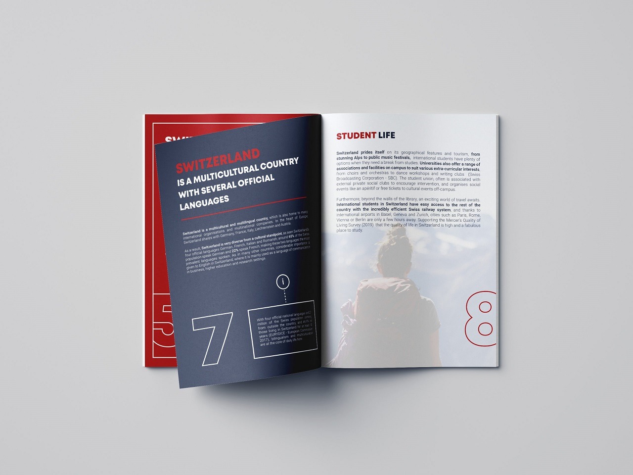 Otwarta broszura informacyjna leżąca na białym tle, prezentująca informacje o Szwajcarii jako kraju wielokulturowym i idealnym miejscu do studiowania, z tekstem i grafiką w kolorach czerwonym...