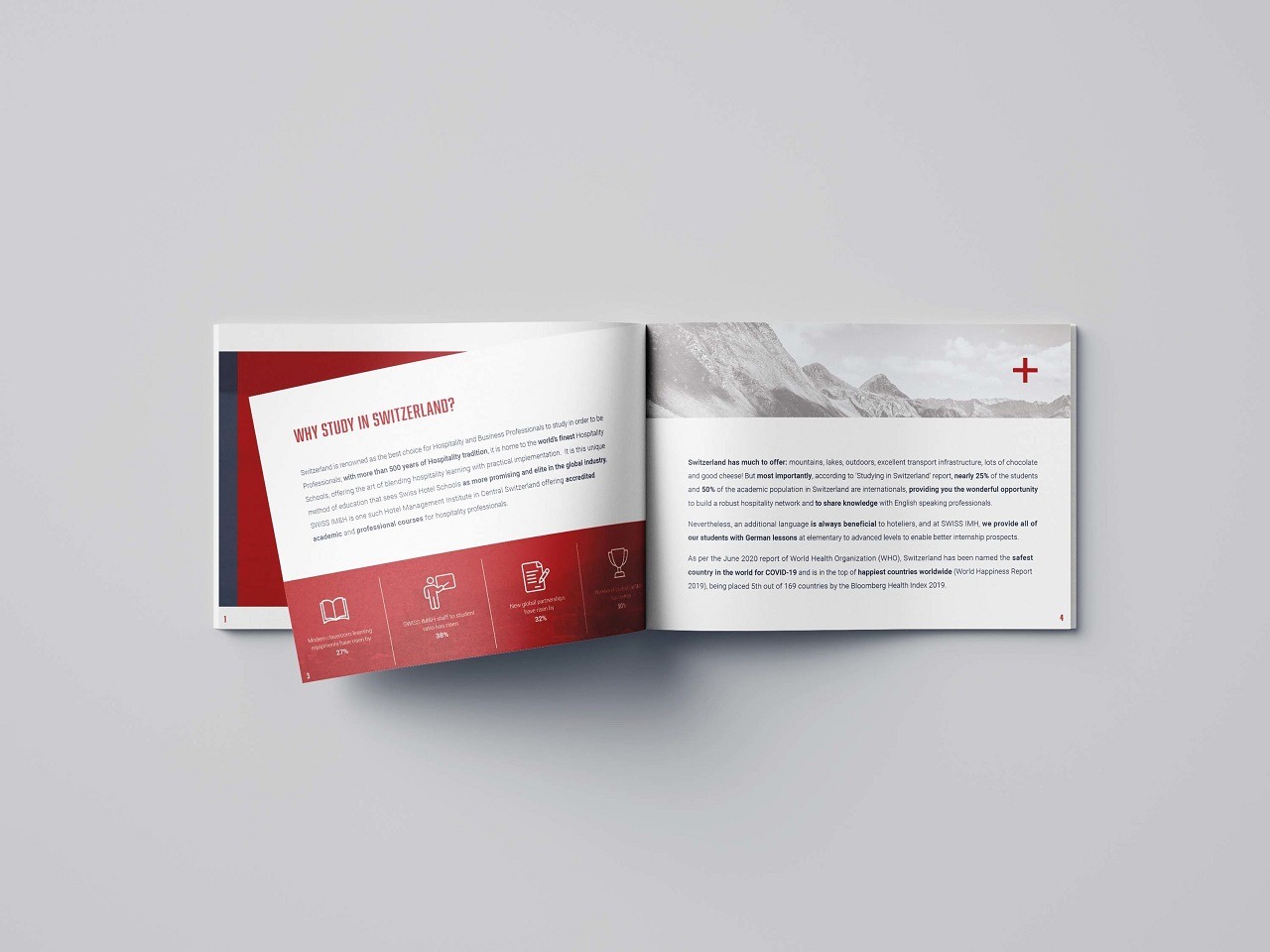 Otwarta broszura reklamowa szkoły hotelarskiej Swiss IMH, prezentująca zalety studiowania w Szwajcarii, z widokiem na alpejski krajobraz w tle.