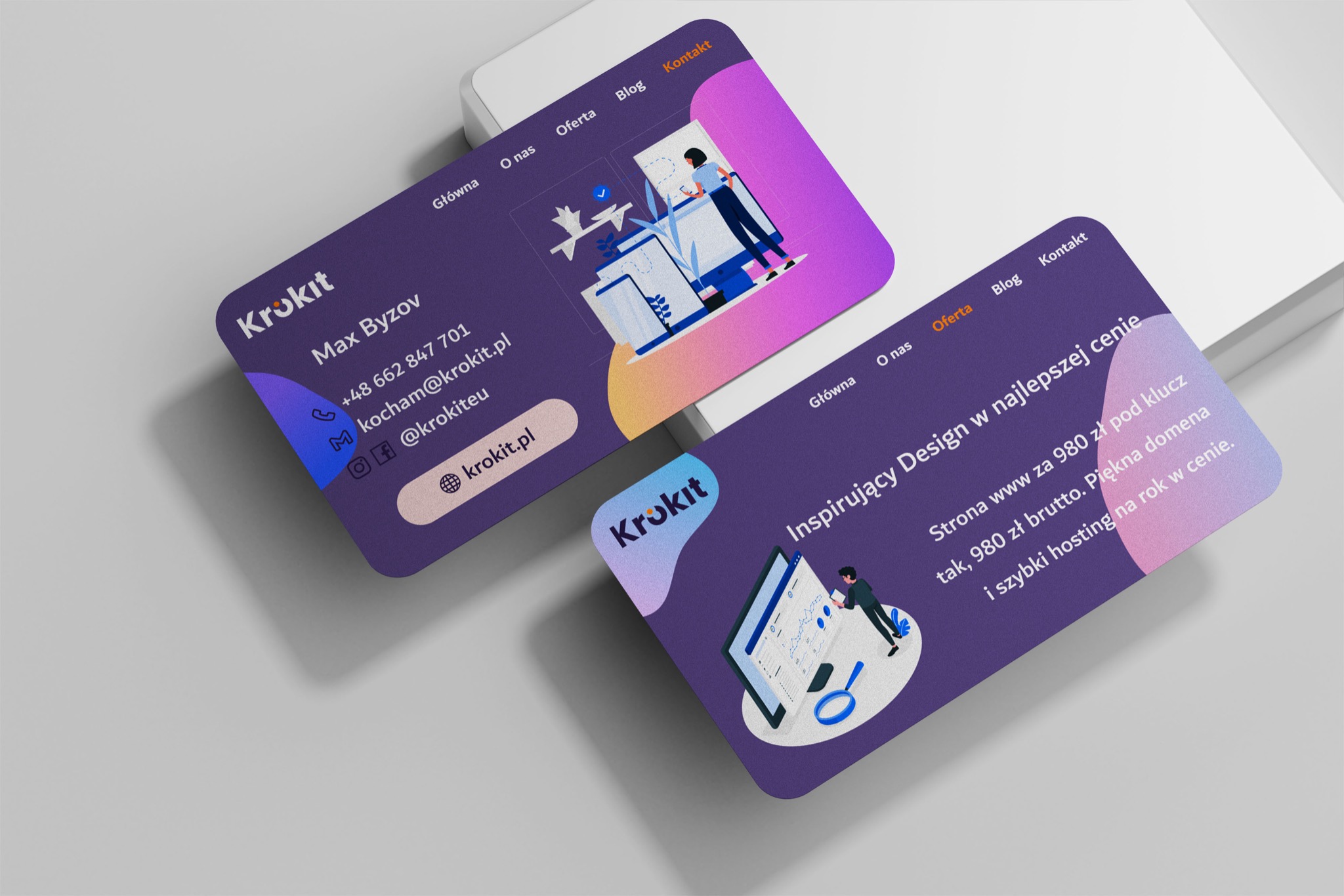 Dwa wizualizacje interfejsu strony internetowej firmy Krokkit na fioletowym tle, prezentujące logo, dane kontaktowe i ofertę strony www za 980 zł.