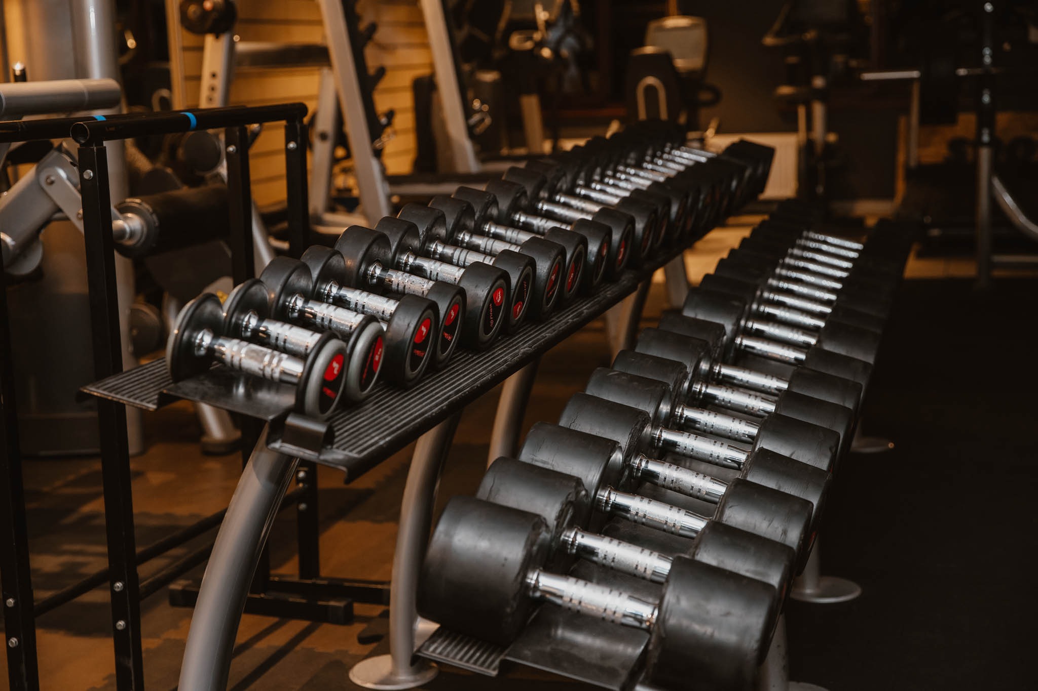 Rząd hantli na stojaku w siłowni, z widocznymi innymi urządzeniami do ćwiczeń w tle.