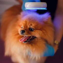 Dermatologiczny gabinet weterynaryjny i Salon Pielęgnacji Zwierząt Futrzak - Pomeranian poddawany terapii światłem LED przez osobę w niebieskich rękawiczkach na fioletowym tle.