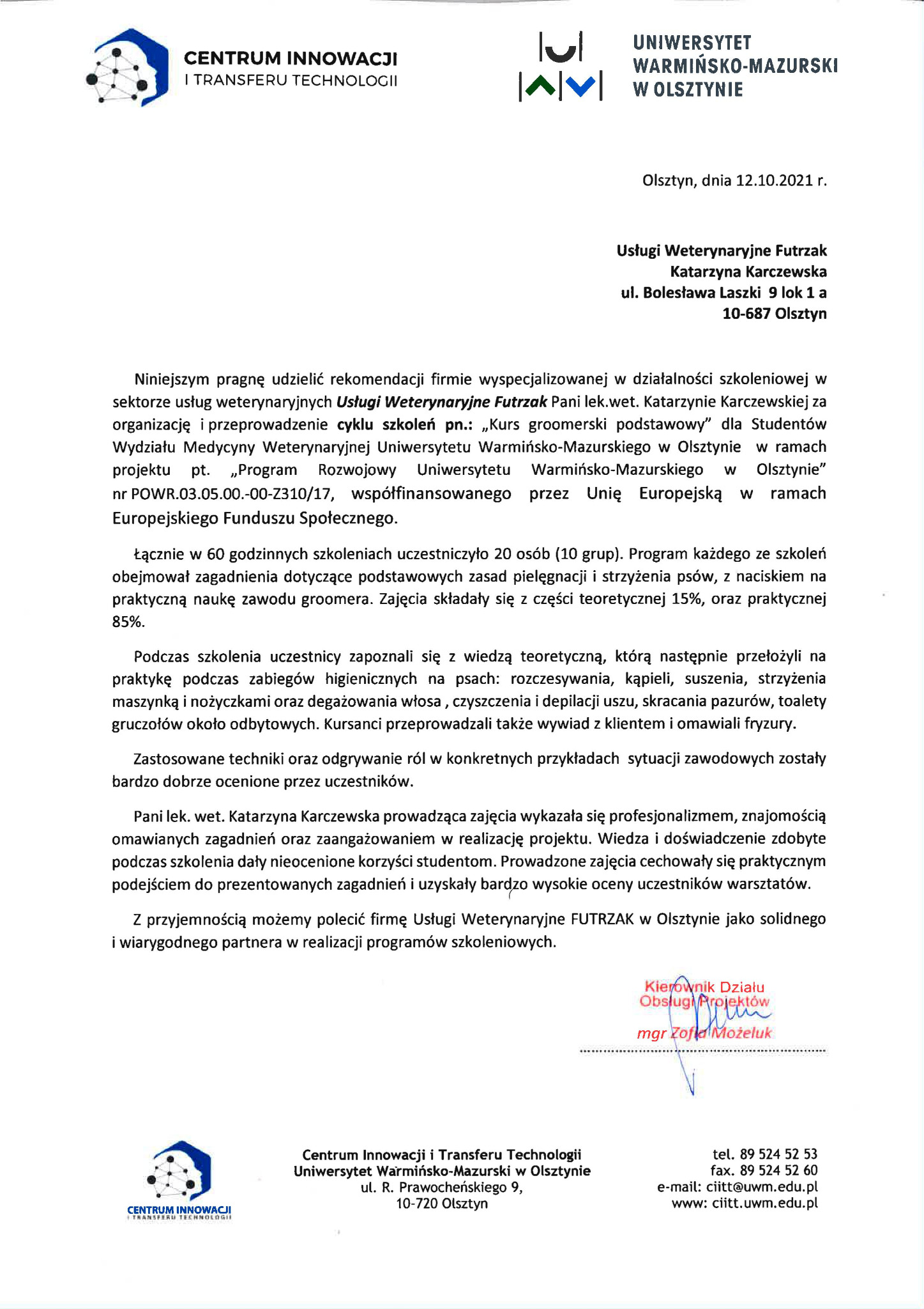 Referencje UWM -cykl szkoleń groomerskich dla studentów medycyny weterynaryjnej