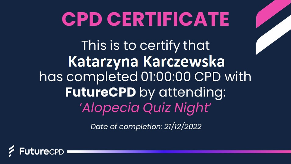 Certyfikat CPD ukończenia szkolenia 'Alopecia Quiz Night' przez Katarzynę Karczewską, wydany przez FutureCPD, z datą 21/12/2022.