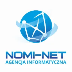 Logo firmy NOMI-NET Agencja Informatyczna z niebieskim globem sieciowym w tle.