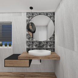 Łazienka w stylu loft z płytkami ceramicznymi 3D Element black, które tworzą idealny duet z ciepłym kolorem drewna. Całej łazience szyku dodaje szarość i czarna armatura oraz stalowy industrialny wieszak na ręczniki. 