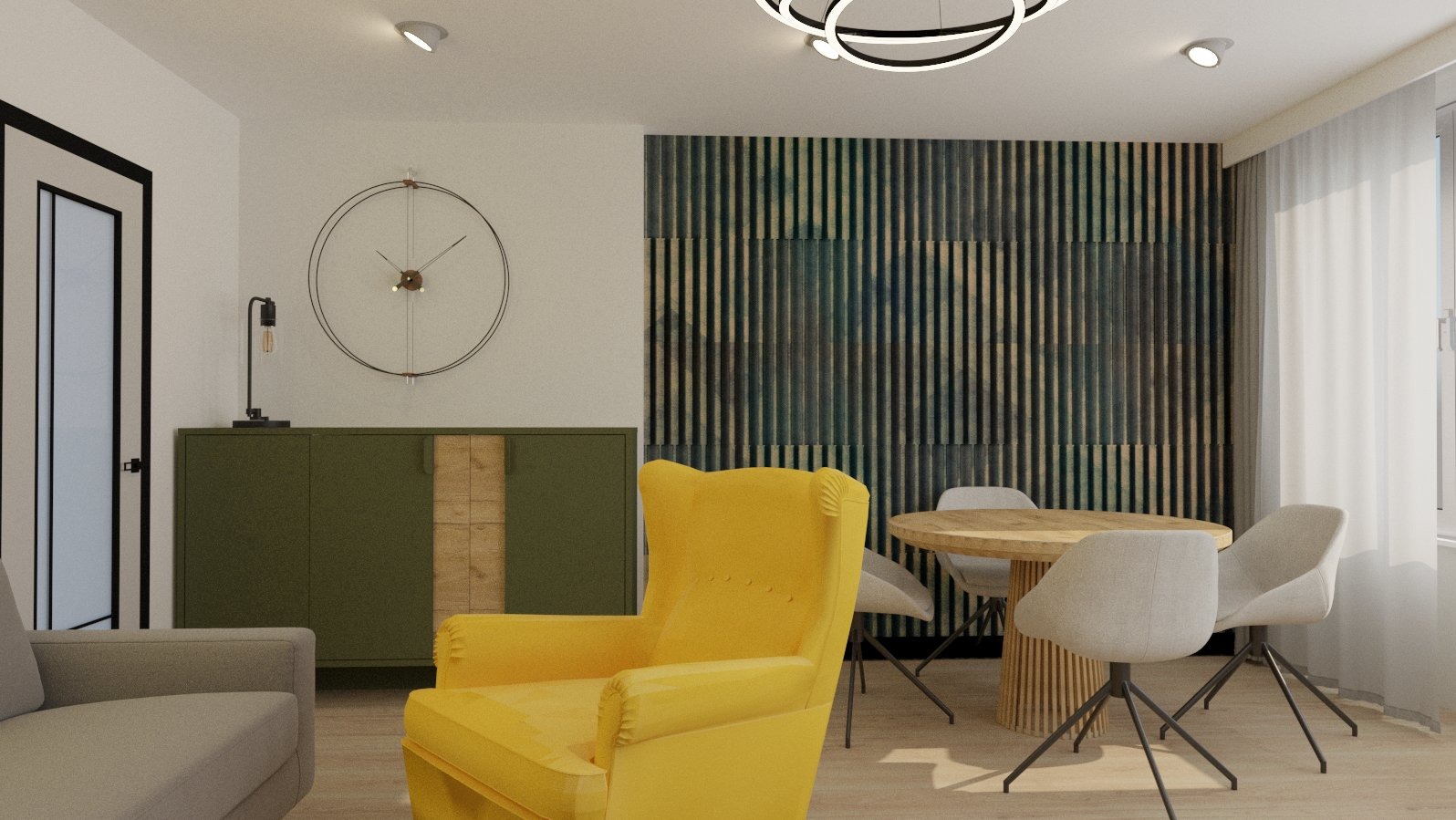 Wizualizacja salonu z żółtym fotelem typu uszak, okrągłym drewnianym stołem i dekoracyjną ścianą z pionowych paneli.