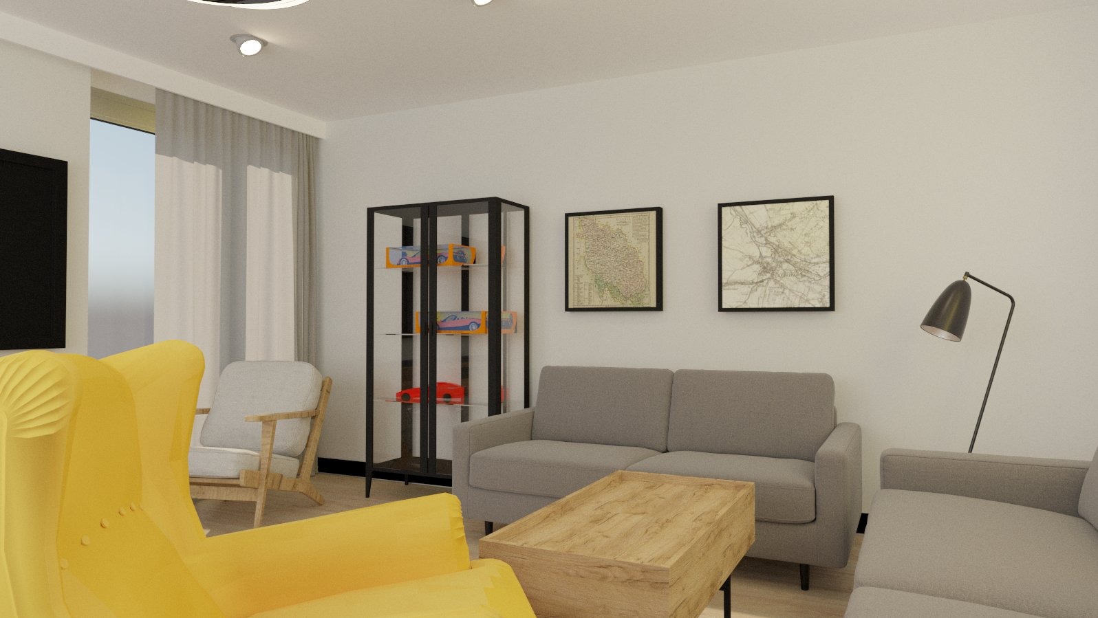 Wizualizacja salonu z żółtym fotelem, szarą sofą, przeszkloną witryną z modelami aut, mapami na ścianie i lampą podłogową.