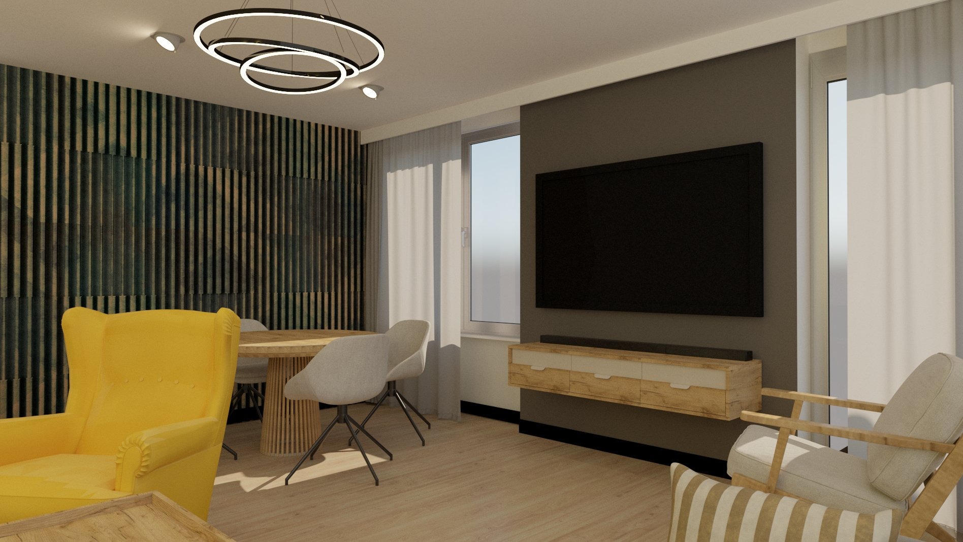 Nowoczesny salon z drewnianą ścianą, okrągłym stołem i żółtym fotelem, oświetlony designerską lampą.