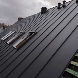 Nowoczesne, grafitowe pokrycie dachowe z trzema oknami dachowymi, kominem wentylacyjnym i lukarną, montowane w Łochowie, widoczne fragmenty konstrukcji dachu.