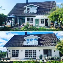 Porównanie domu przed i po renowacji elewacji: od zielonej kolorystyki z przeszkloną oranżerią do białego wykończenia z tarasem. Widoczne zmiany w oknach, dachu i otoczeniu.