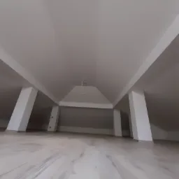 Poddasze po remoncie z widocznymi skośnymi ścianami, białymi filarami podtrzymującymi sufit i jasną podłogą z paneli. Widoczne przewody oświetleniowe wystające z sufitu.