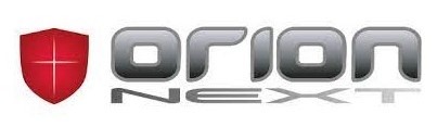 Logo firmy z czerwoną tarczą po lewej stronie i nazwą 'orion NEXT' w szarym, futurystycznym kroju pisma.