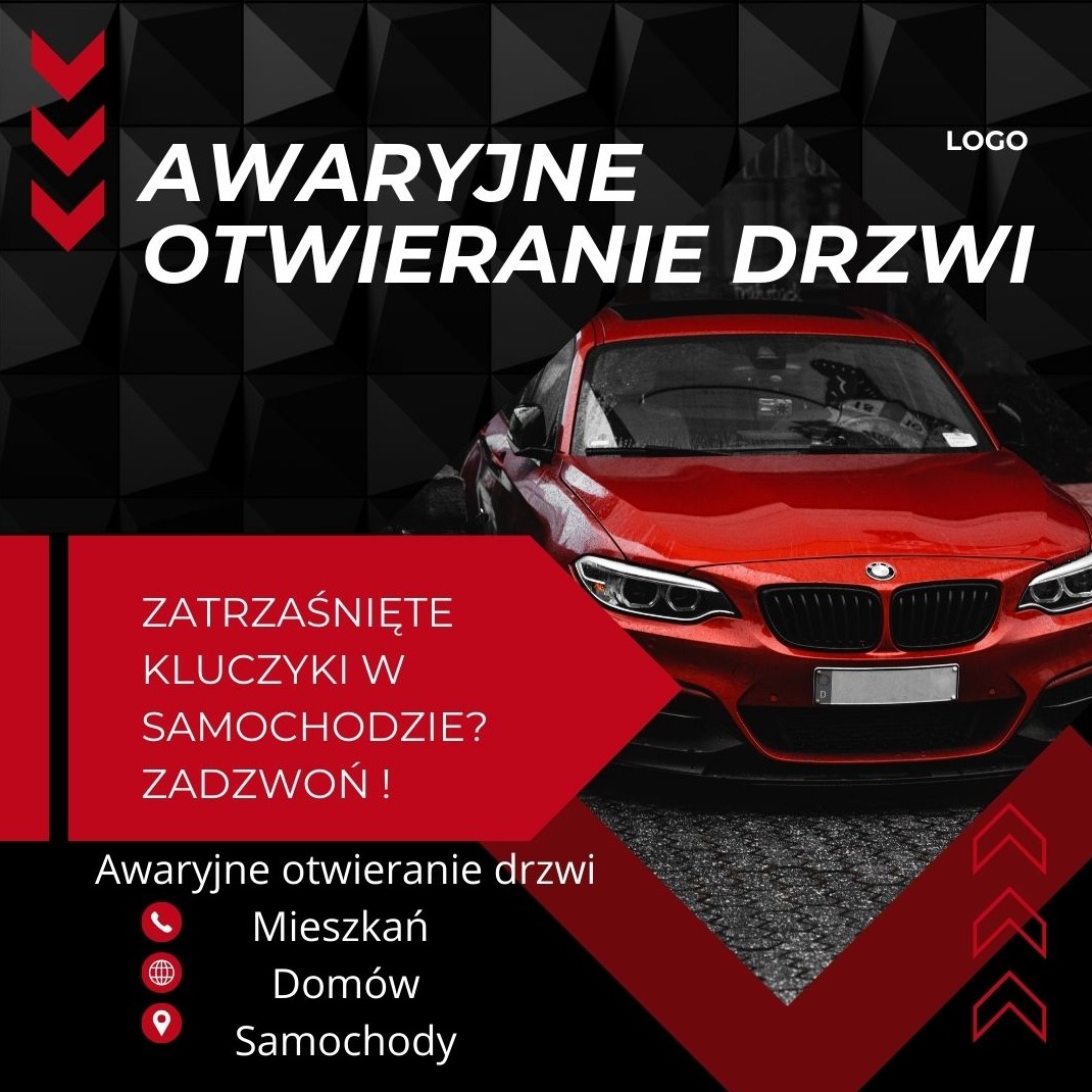 Grafika reklamowa: Awaryjne otwieranie drzwi mieszkań, domów i samochodów z zatrzaśniętymi kluczykami. Czerwony samochód na czarno-czerwonym tle.