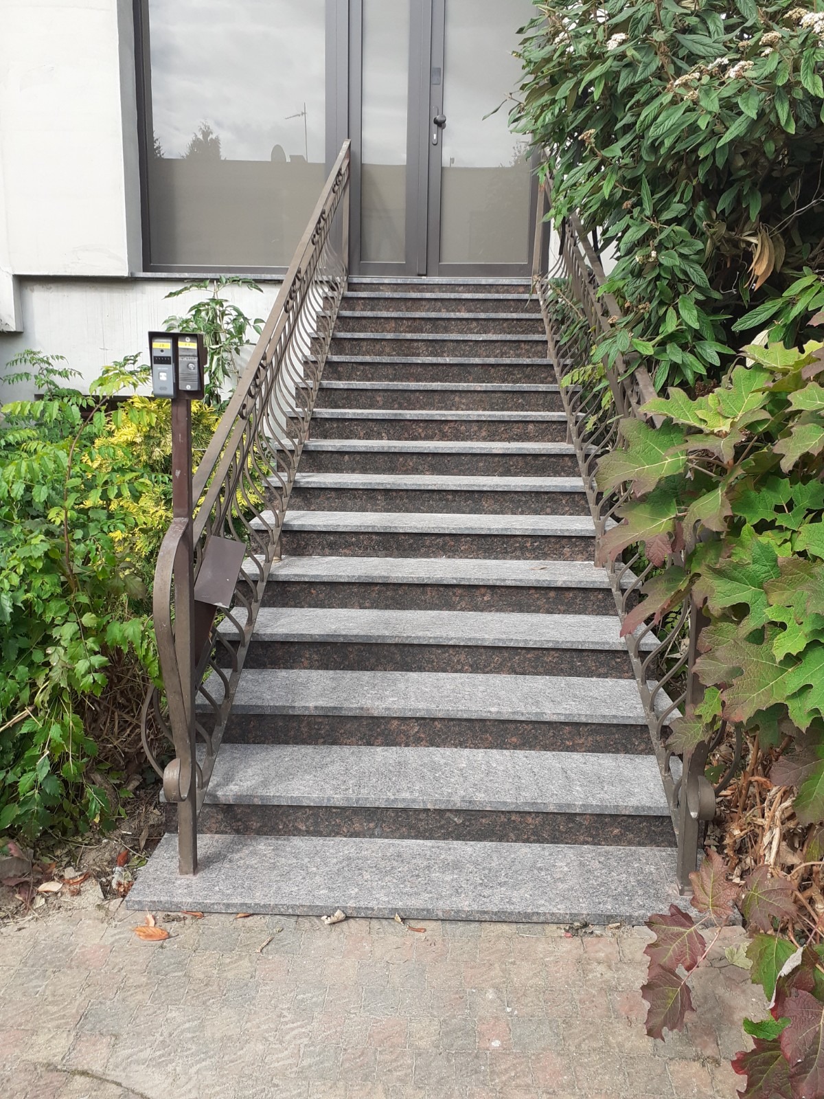 Zewnętrzne schody kamienne z ozdobną metalową balustradą prowadzące do wejścia budynku, otoczone zielenią.