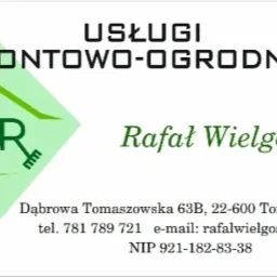 Wizytówka firmy remontowo-ogrodniczej Rafała Wielgosza, z zielonym logo domu z kluczem i danymi kontaktowymi.